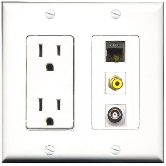 RiteAV - 15 Amp Power Outlet 1 Port RCA Yellow 1 Port Shielded Cat6 Ethernet Ethernet 1 Port BNC Decorative Wall Plate