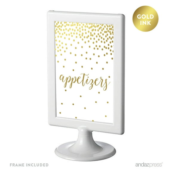 Metallic Gold Confetti Polka Dots 4x6-inch Party Signs, Appetizers Table Sign, Includes Frame