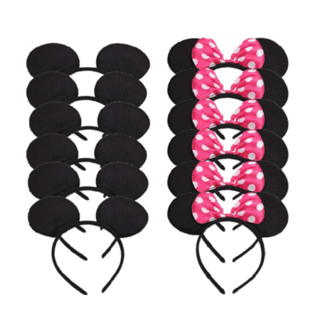 LWS LA Wholesale Store  12 Minnie Mouse Mickey Headband Black & Pink Polk Bow Birthday Party Favors
