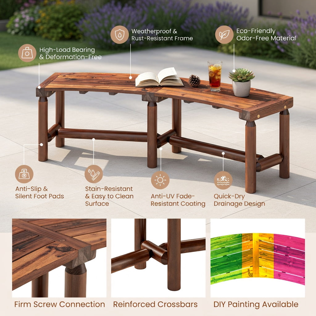 Hommoo Solid Pine and Fir Wood Curved Outdoor Fire Pit Bench, Backless Patio Loveseat for Garden, Backyard, Poolside, Rustic Brown