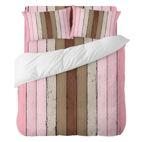 Vintage Stripes Twin Duvet Cover Set 4pcs Pink Brown Wood Grain Decoration Soft Cozy All Season Bed Sheet Set, 1 Duvet Cover 1 Sheet and 2 Pillowcases (No Comforter)