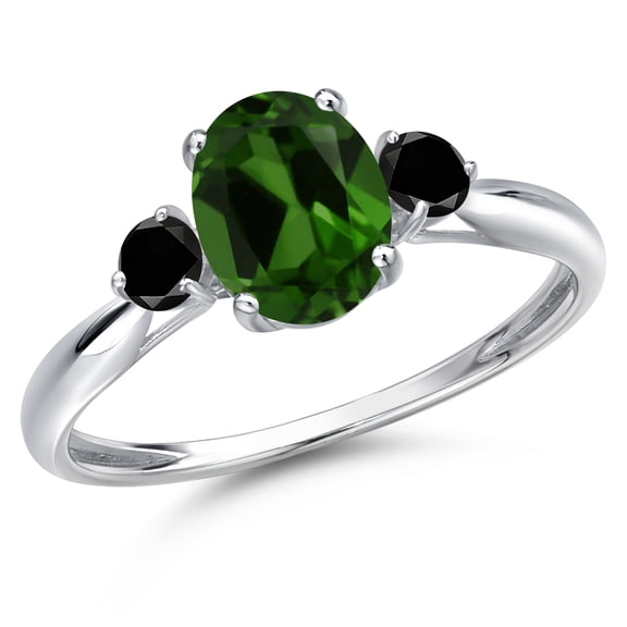 Gem Stone King 10K White Gold Green Chrome Diopside and Black Diamond 3-Stone Ring for Women | 1.40 Cttw | Oval 8X6MM | Gemstone Birthstone | Size 8