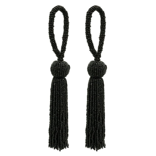 Opulent Handcrafted Beaded 4 1/2" (11cm) Key Tassel, 2 1/2" (6cm) Loop with Elaborately Hand-Strung Seed Bead Design (Style# KTB450), Pure Black #K9 (Jet Black) Set of 2