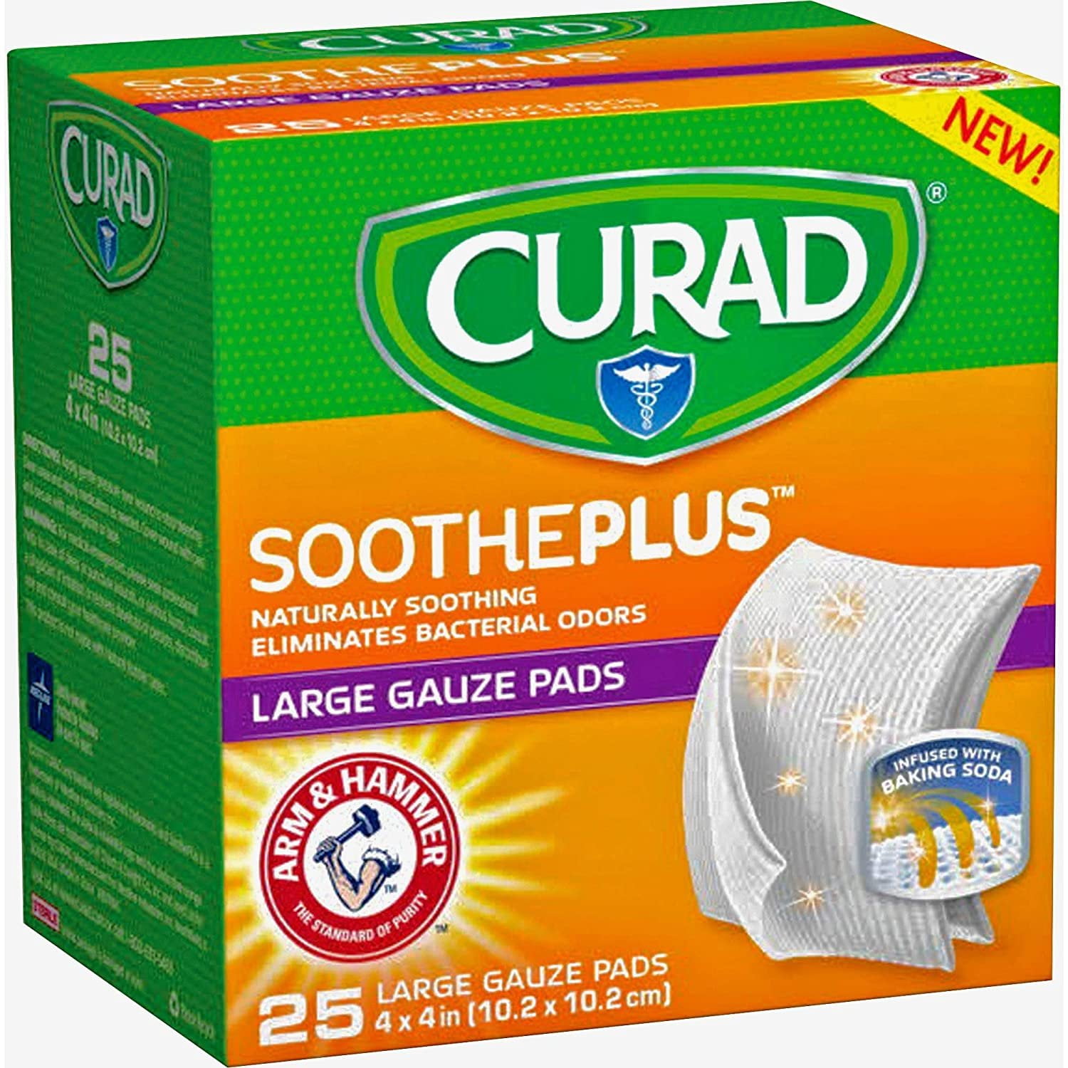 Curad SoothePlus Large Gauze Pads Eliminate Bacteria Odors, 25ct, 6-Pack