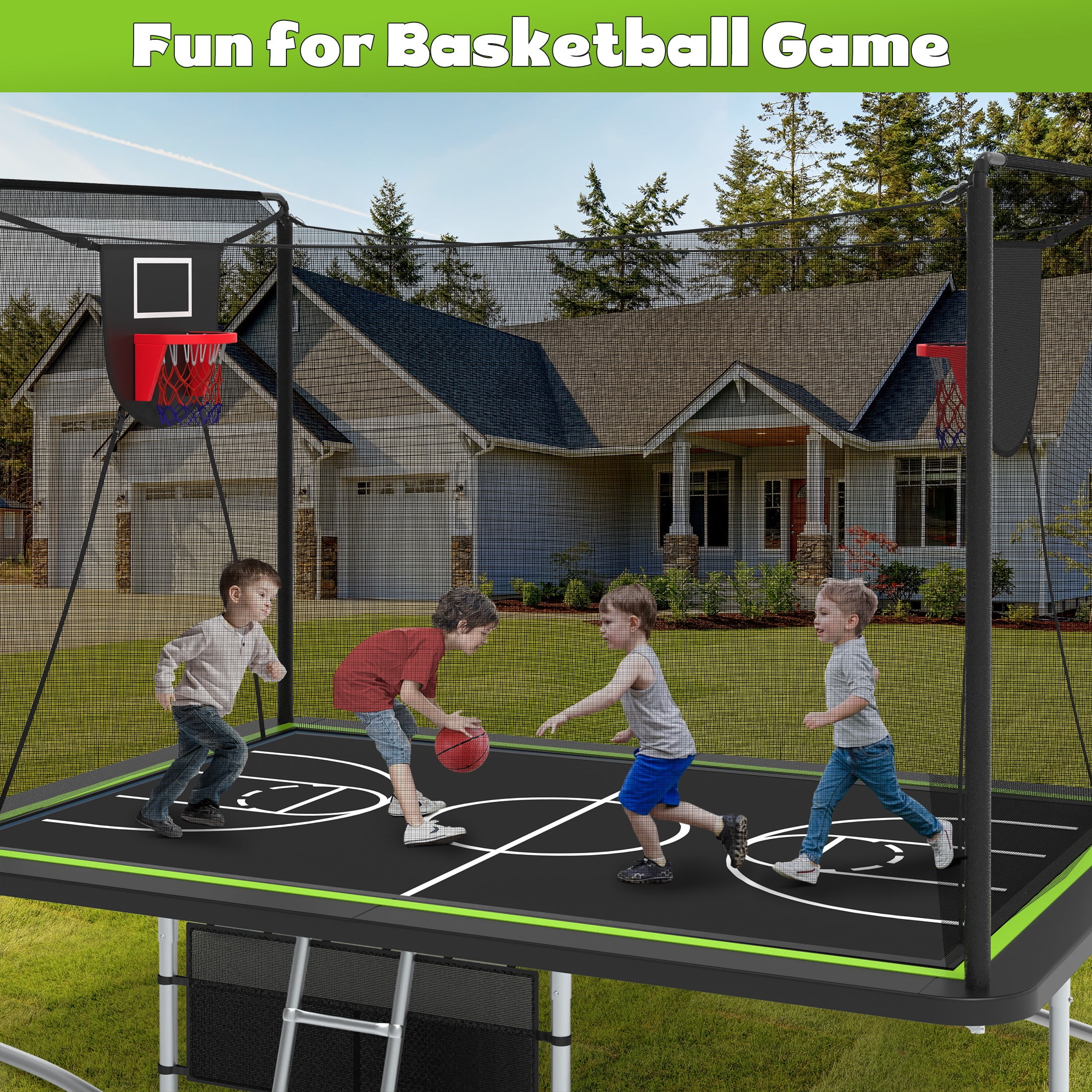 Large Rectangle Trampoline for Kids and Adults, 1600LBS Weight Capacity Recreational Trampoline with Enclosure Net, Basketball Hoop, Segmart Galvanized Heavy Duty Outdoor Trampolines for Patio Garden