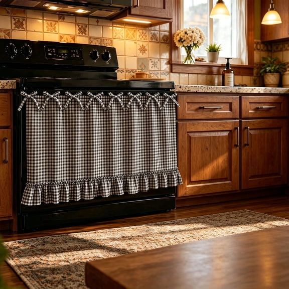 Handmade Oven Skirt Curtain for Door Kitchen Dishwasher Hidden Curtain Tie Top Farmhouse Meadow Skirt Heat-Resistant for Stove Kitchen Décor with Ruffles and Ribbon Ties Heat Resistant