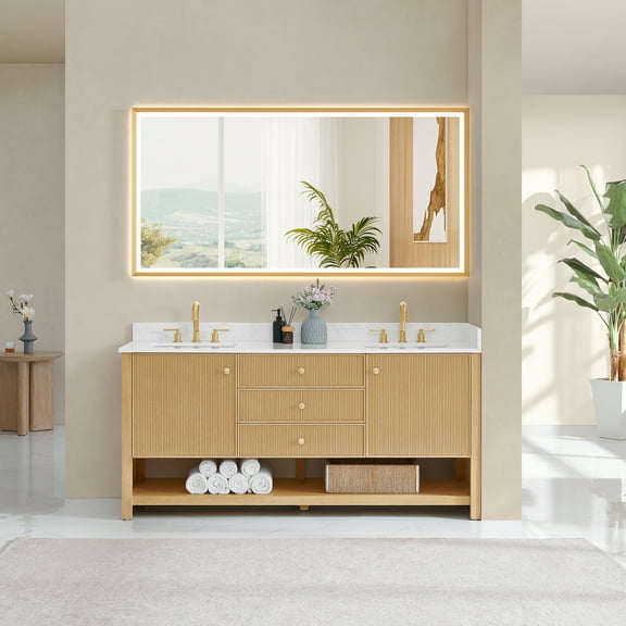 Cecil 72" Wood Vanity in White Oak with White Engineered Stone Top No Mirror