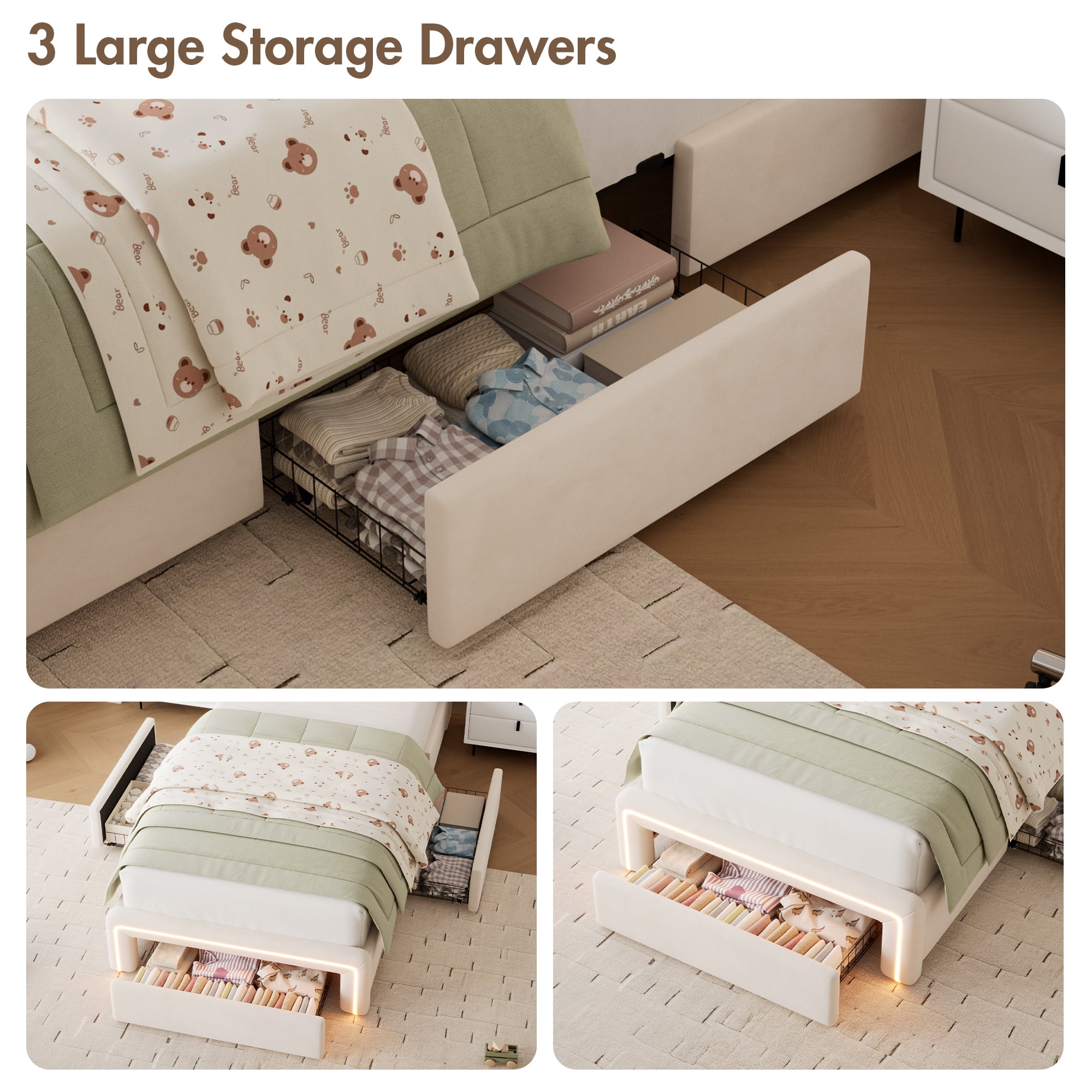 BSHTI TWIN Size Beige Velvet Upholstered Platform Bed Frame with LED Storage Headboard, Charging Station, Underbed Drawers, Tufted Design, No Box Spring Needed, Modern Bedroom Furniture (Beige)