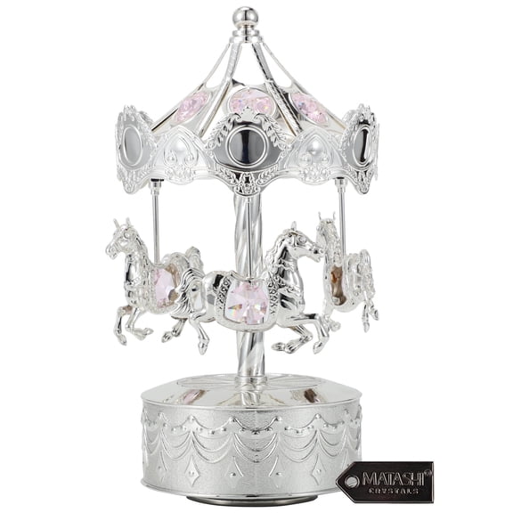 Matashi Silver Plated Crystal Studded Carousel Music Box with Rotating Horses, Collectible Tabletop Home Décor Gift