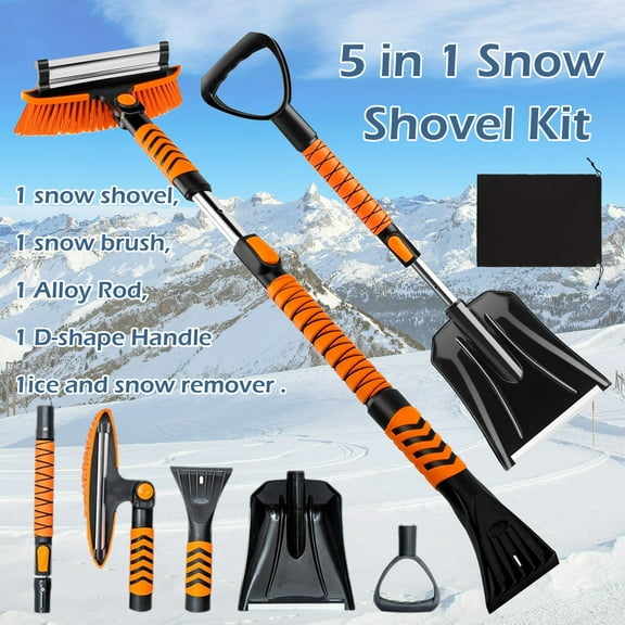 Vivicreate Extendable Snow Brush for Car Emergency, Ice Scrapers for Car Windshield Combo Kit with 270° Pivoting Head, 5-in-1 Snow Removal Tool with Snow Shovel Snow Scraper for Car, Truck