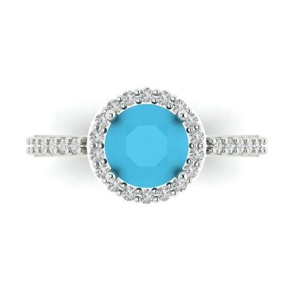 1.86 ct Round Cut Simulated Turquoise Halo Engagement Ring for Women in 14K White Gold