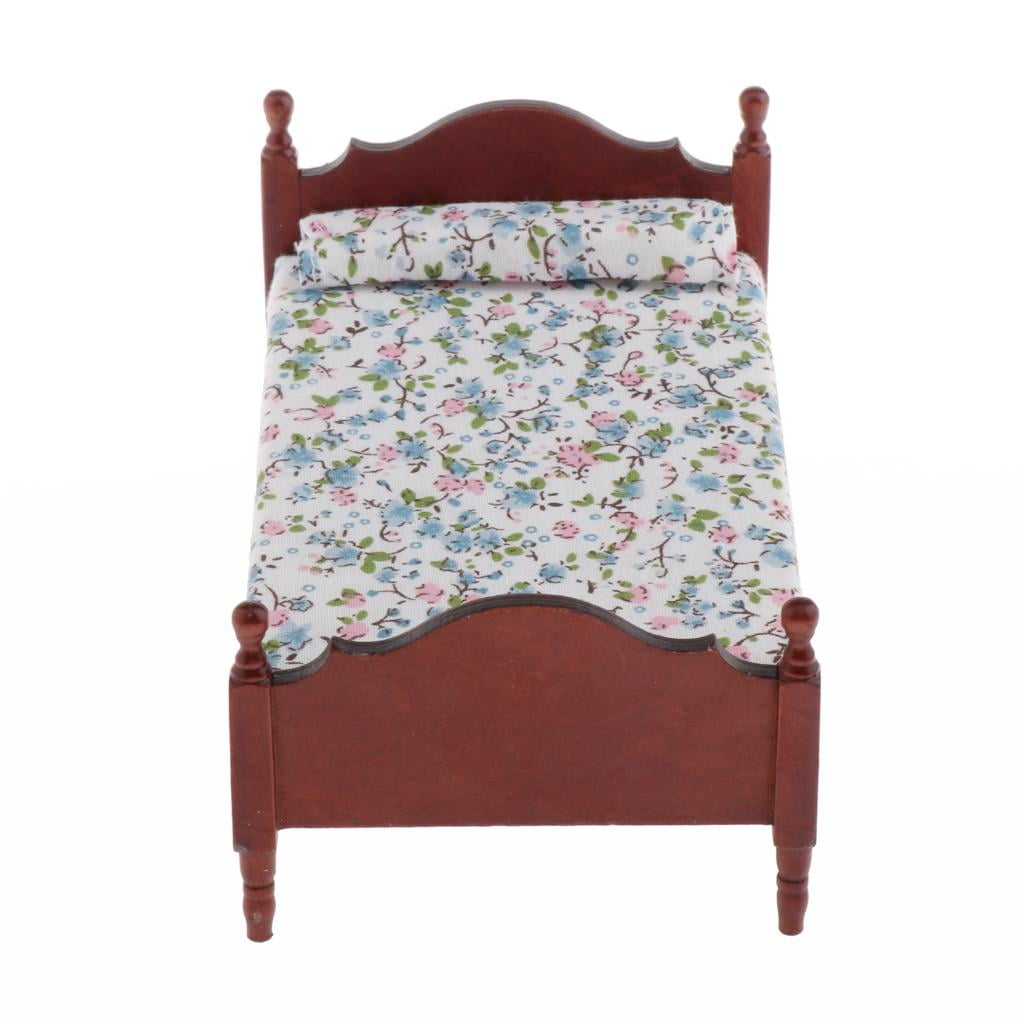 Doll House Miniature Furniture Wooden Red Floral Single Bed for 1:12 Decor 