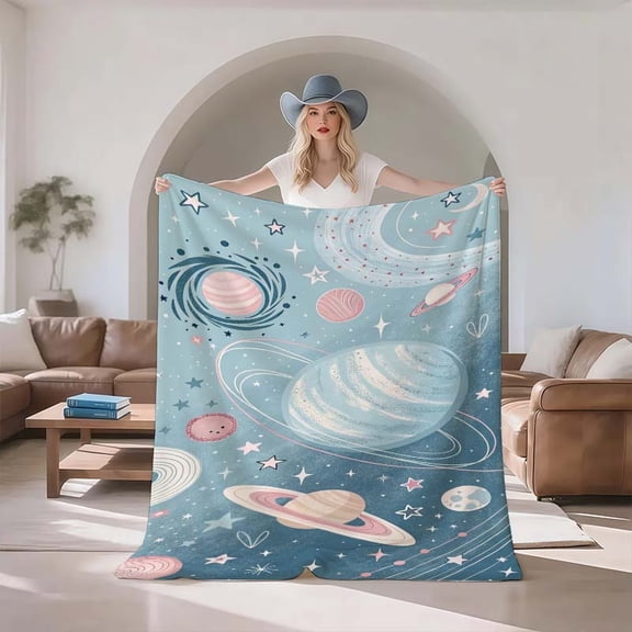 Planets Rings Pattern Blanket, 47x91 Inch, Thickened Ultra-Soft Flannel, All-Season Travel & Camping Blanket, Winter Warm Nap Throw
