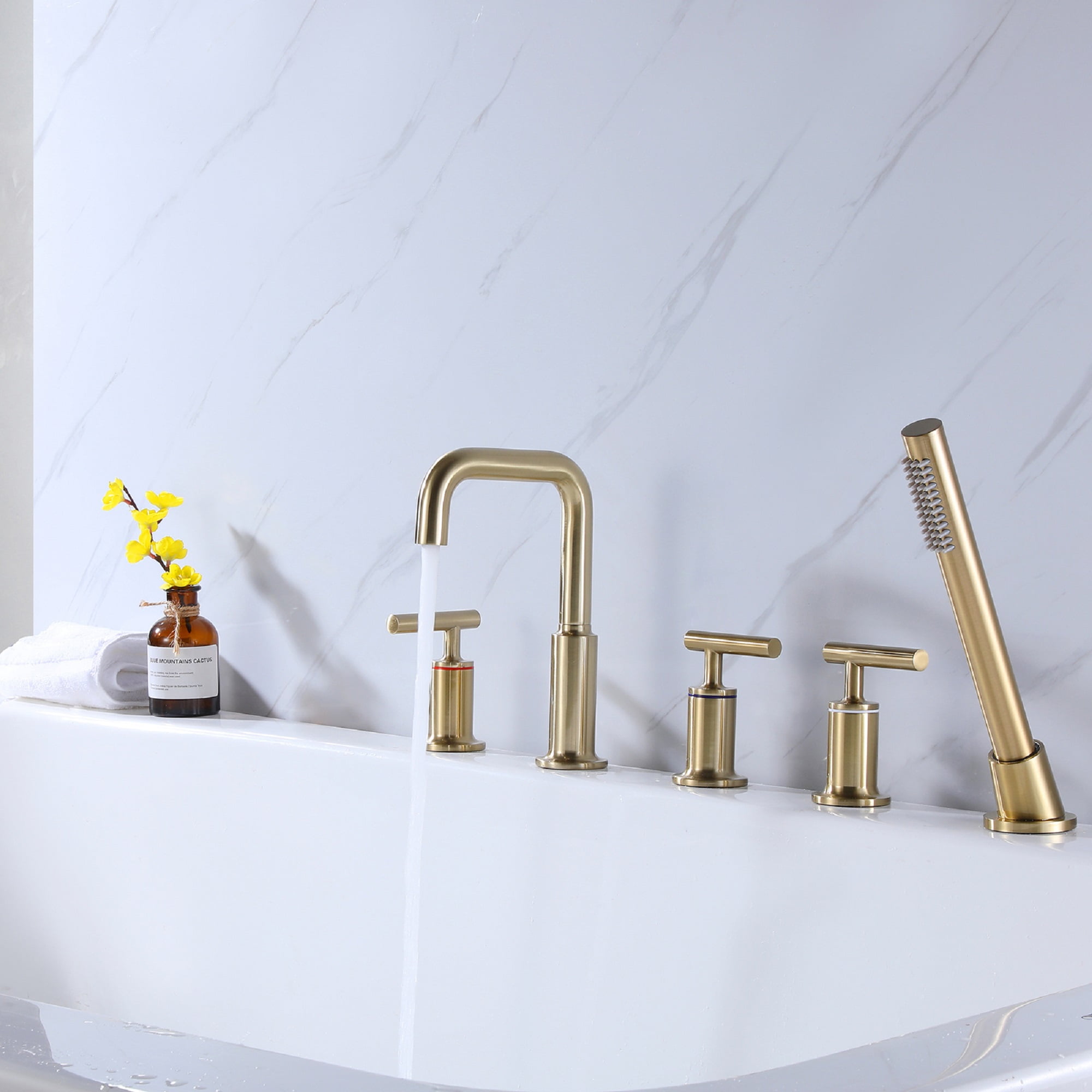 Solid Brass Roman Bathroom Bathtub Faucet with Hand Shower, Three Lever Handle Deck Mounted Tub Filler