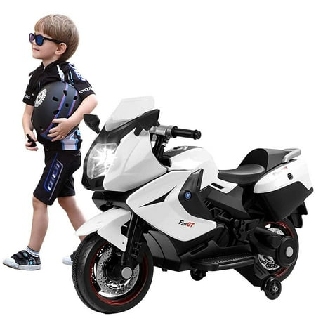 - KARMAS PRODUCT 12V Cool Ride On Kids Electric Motorcycle Driving Toy Car with Two Big Wheels for Boys, White