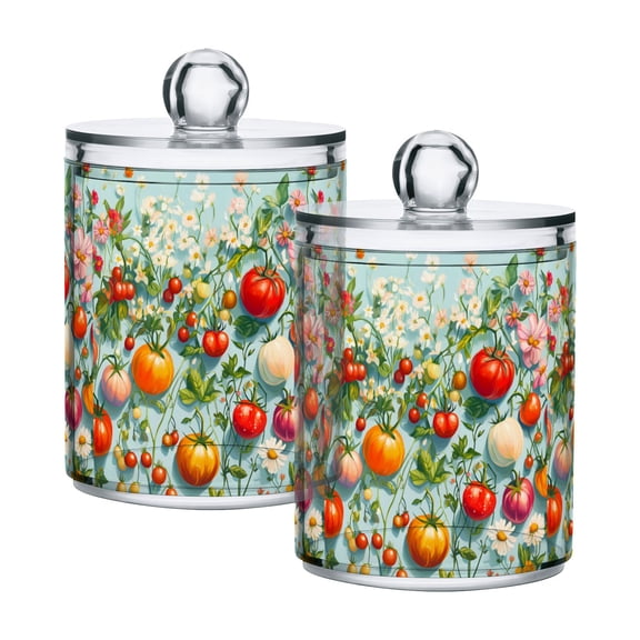 Yayeee 2 Pack Qtip Holder Bathroom Cotton Swab Canister with Lid Clear Dispenser Set, Green Floral Tomatoes
