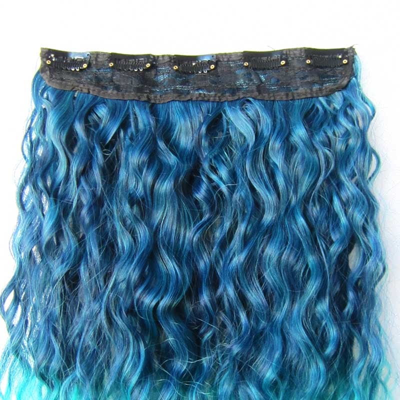 Jeedou Kinky Curly Synthetic Hair Clip in One Piece Hair Extensions for Women Blue Gradual Color Cosplay Props Hairpieces