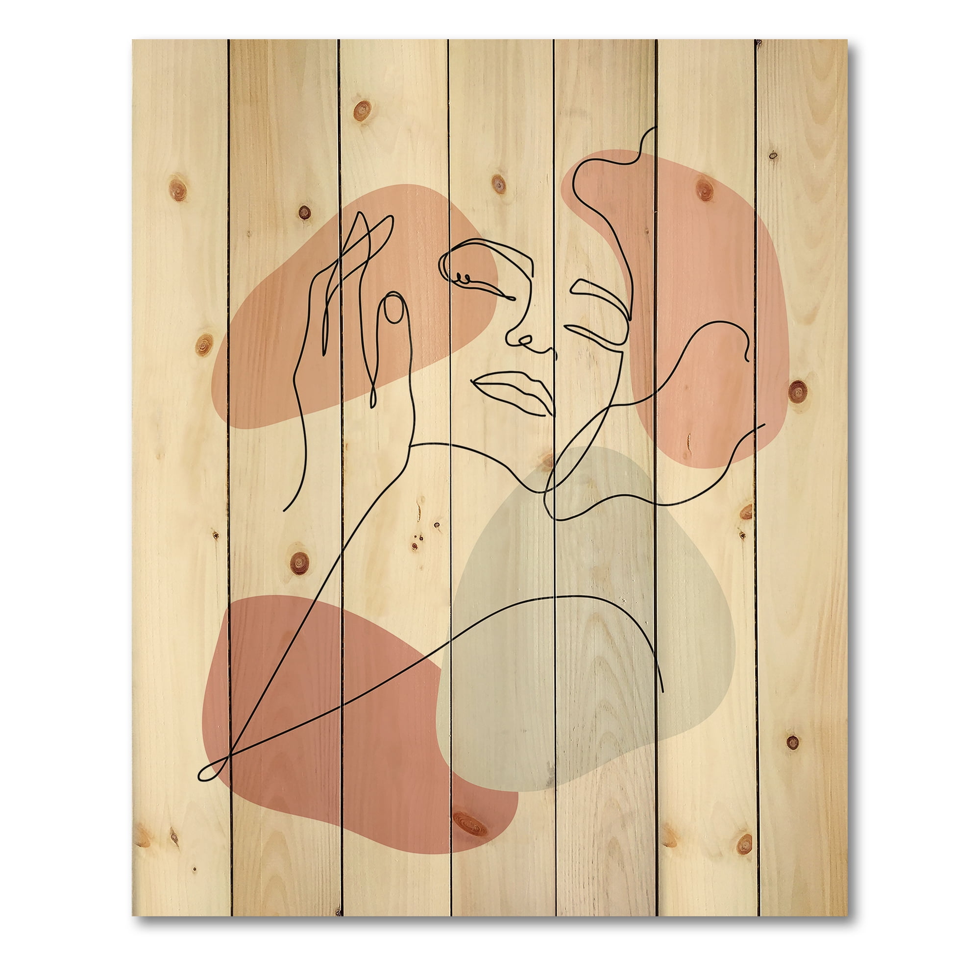 Designart 'Continuous One Line Portrait of Woman' Modern Print on Natural Pine Wood