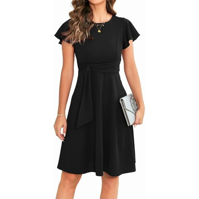 Owin Robe de Cocktail Élégante pour Femme à Manches Courtes à Volants, Évasée, Décontractée, Évasée, Ligne A, Formelle, Invitée de Mariage