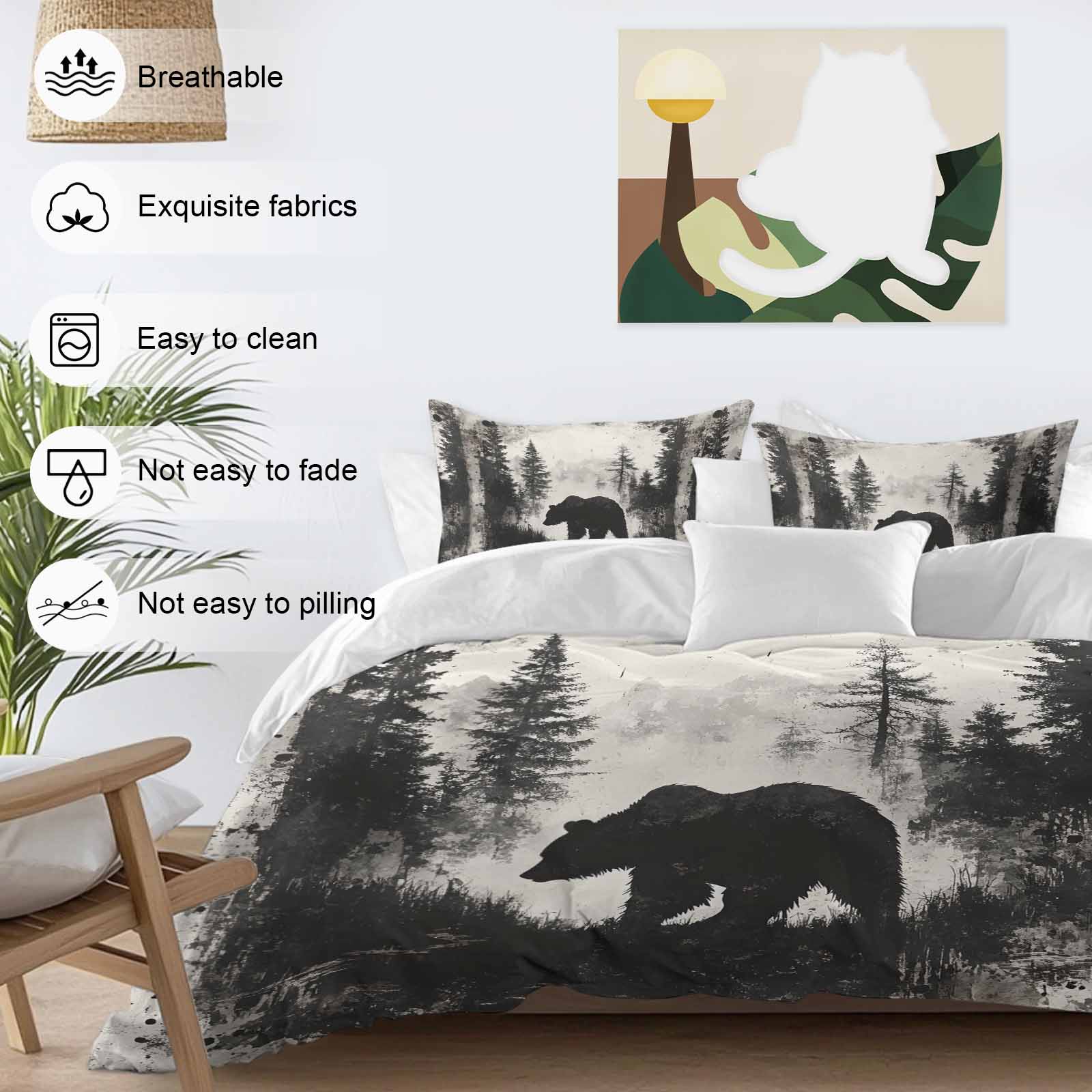 Brown Bear Bedding Duvet Cover Set Queen Size 4 Pieces Black Bear Forest Animal Modern Art Retro Bedding Set with Zipper Closure, 1 Comforter Cover 90x92 Inches 1 Flat Sheet & 2 Pillow Cases