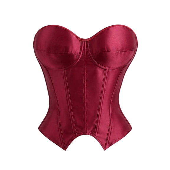Women's Satin Corset Bustier Strapless Molded Cup Side Zipper Fishbone Slim Fitting Evening Party Waist Shaper Tops Wine M