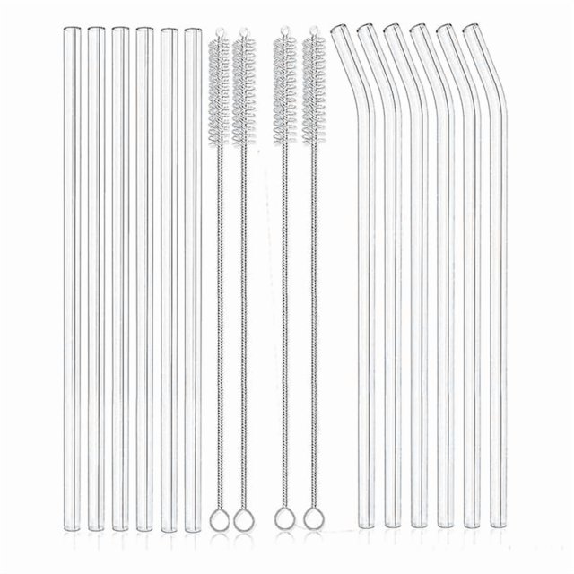 12pcs clear glass reusable straws, shatterproof glass straws, 6 straight and 6 curved with cleaning brush