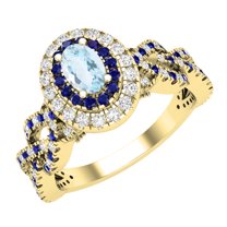 Dazzlingrock Collection 6X4mm Oval Aquamarine with Round Blue Sapphire & White Diamond Interweaving Double Halo Wedding Ring for Women in 10K Yellow Gold, Size 9.5