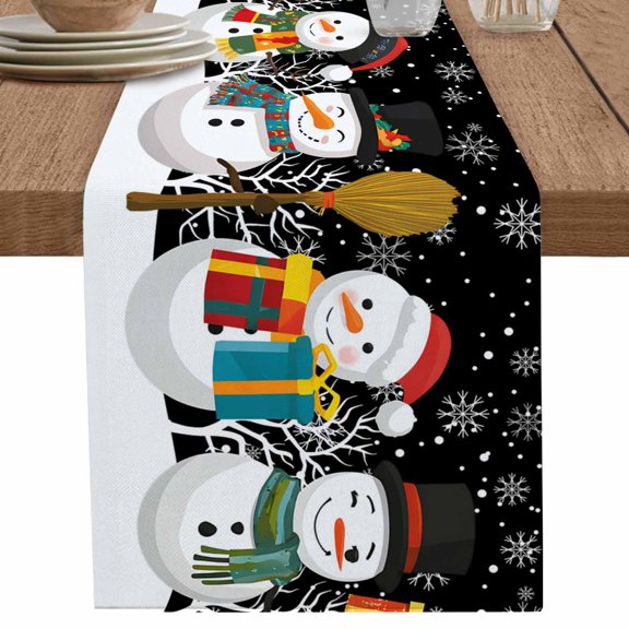 nqOlkjepod Black Snowman Table Runner 70 Inches Long Farmhouse Dress Scarves, Christmas Winter Snowflake Xmas Tree Dining Tablerunner for Coffee Table/Kitchen Island/Party Décor, 13" x 70"