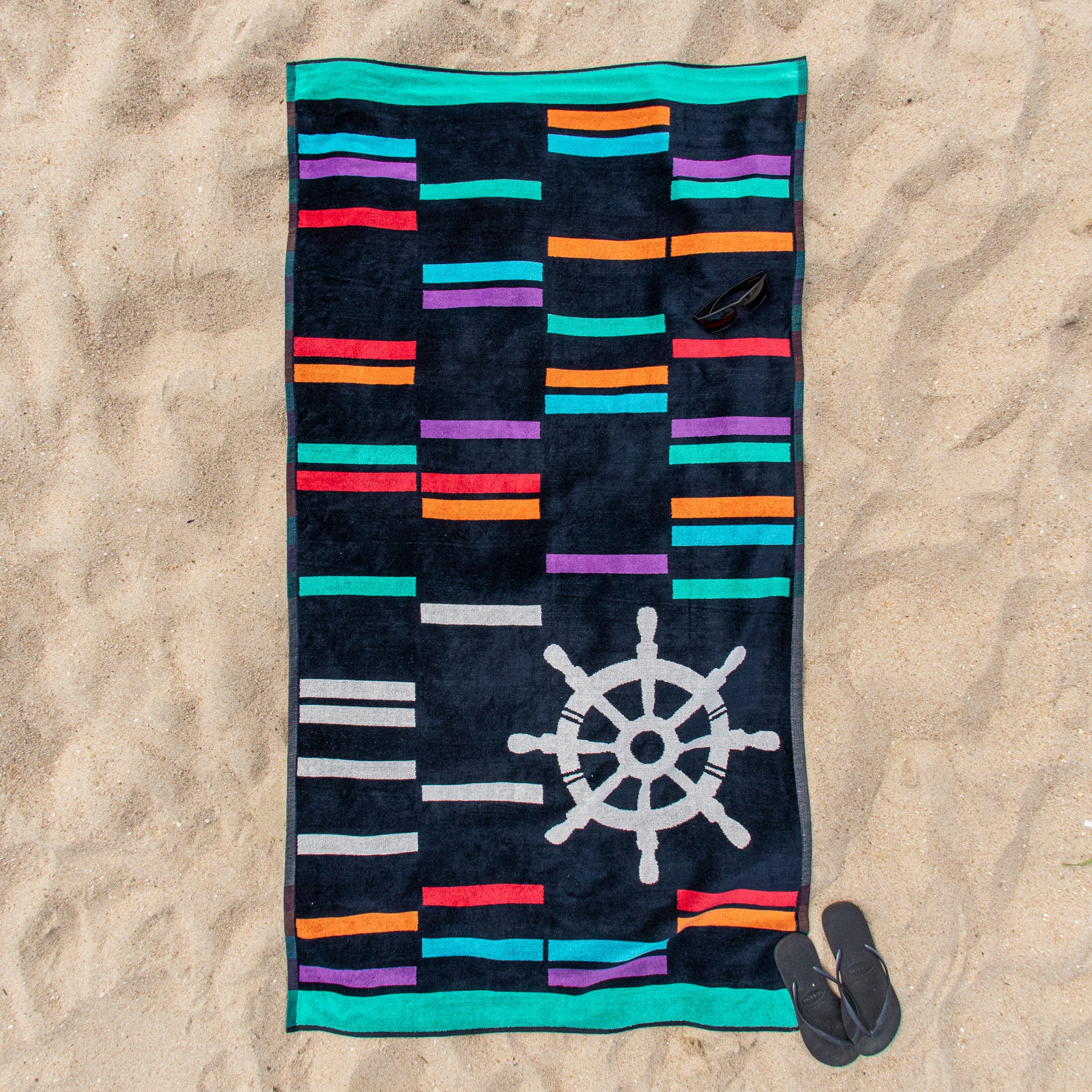 Long Island Beach Towel, 100% Cotton, Poolside Lounging, Sunbathing, Soft, Absorbent, Quick Dry, Mediumweight, Cotton Terry, Velour, Oversized Beach Towel , 35" x 67", Black by Blue Nile Mills