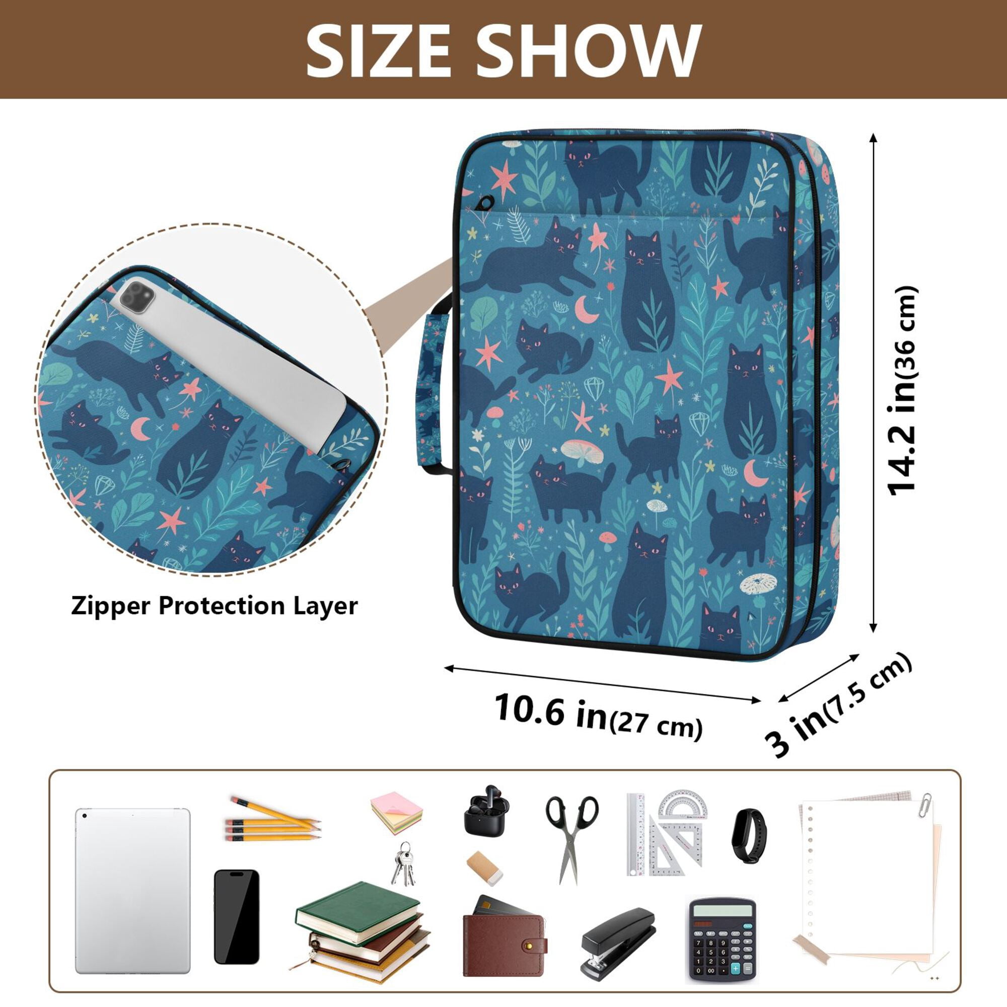 FORMRS Accordion File Folder A4 Size 7-Pocket Expanding Document Organizer Bag with 3 Ring Binder, Blue Forest Cat Pattern