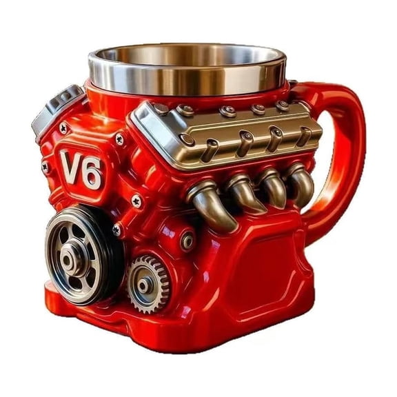 KWHOME V6/V8/V12 Engine Coffee Mug - 3D Resin Stainless Steel Double Wall Insulated, Retro Engine Design, Personalized Gift for Car Enthusiasts, Mechanics, Men, Dad, Father's Day, Christmas,Red,V6