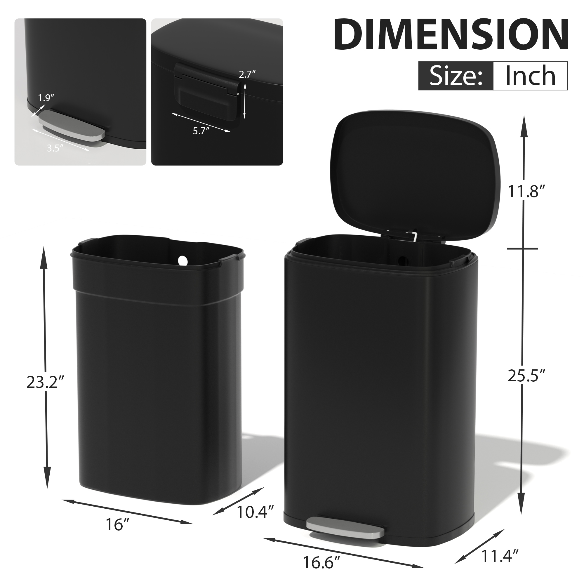 CL.HPAHKL Step-On Kitchen Trash Can, Brushed Stainless Steel Garbage Can with Soft Close Lid, Large Capacity Garbage Bin with Odor Seal for Home, Office, Bathroom, Bedroom, Black