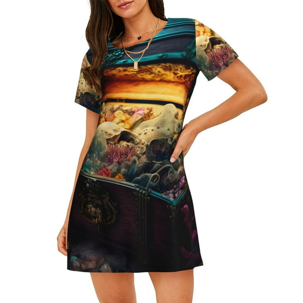Fotbe Underwater Treasure Chest Bata de Dormir para Mujer con Estampado, Camisón de Algodón de Manga Corta, Ropa de Dormir Casual