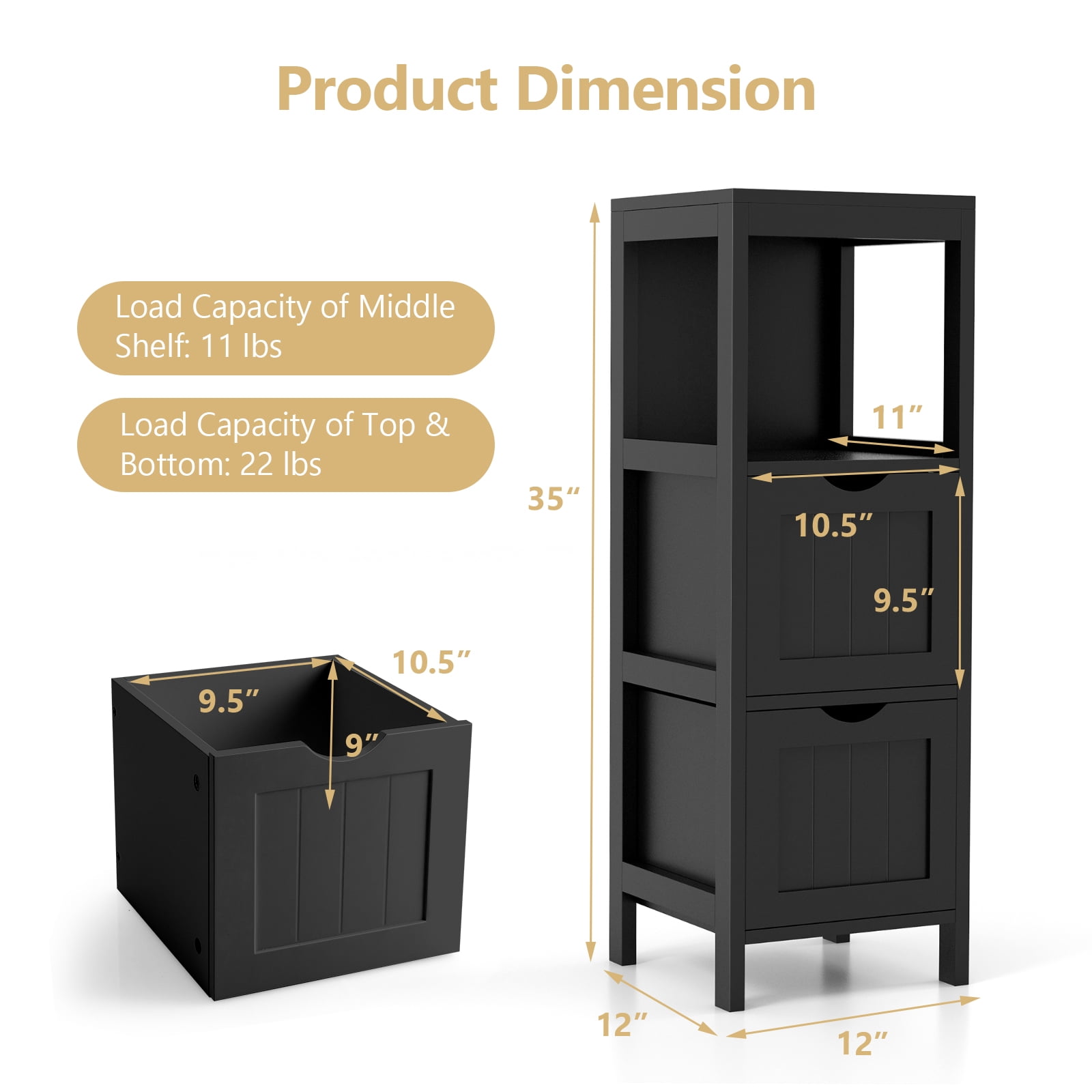 Giantex Narrow Storage Bathroom Cabinet, Freestanding Floor Cabinet w/2 Removable Drawers, Black