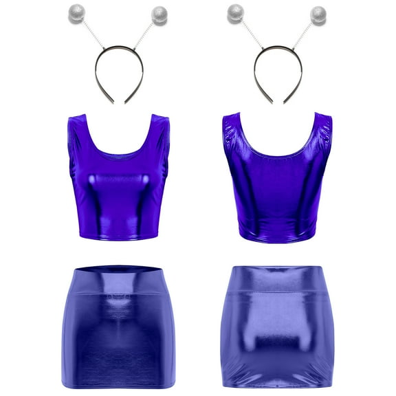 Sxiwei Womens Alien Role Play Costume Shiny Metallic Dress Up Vest Crop Tops and Mini Skirt with Blue One Size