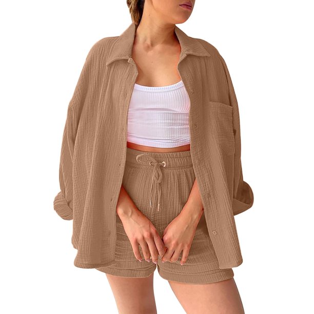 Conjunto de camisa holgada de solapa y un solo pecho + pantalones rectos de cintura alta para mujer - Mezcla de algodón, transpirable, mangas 7/8