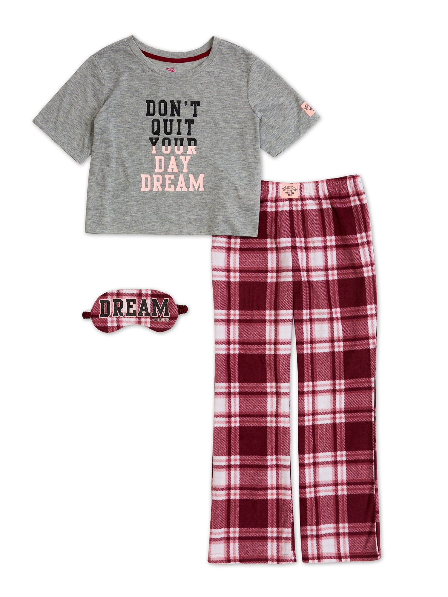 Justice Girls Short Sleeve Top and Plaid Pant 3-piece Pajama Set with Matching Eye Mask, Sizes 5 