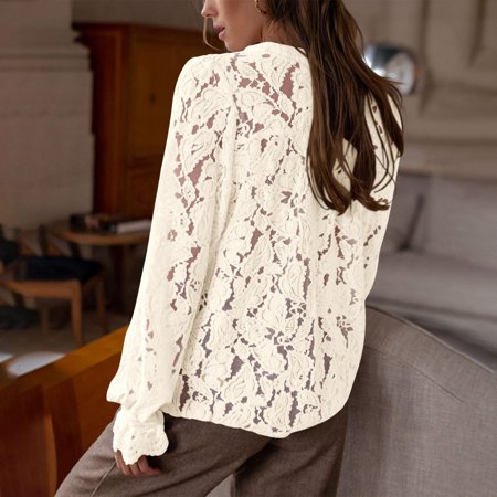Seductiva Button Shirts for Women Women's Casual Lace Blouse Long Sleeve Button Up Shirts Tops Fall Fashion Clothes Business Casual Work Tops Women Shirts Summer