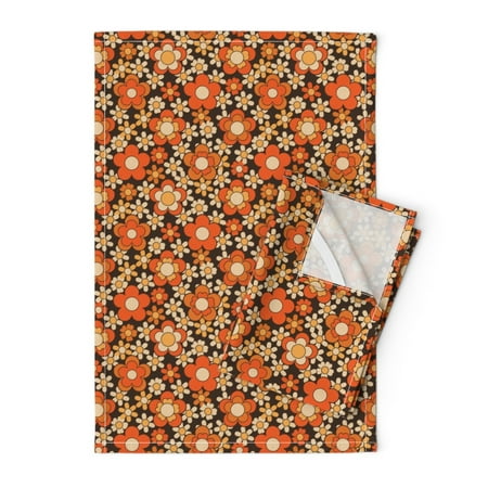

Printed Tea Towel Linen Cotton Canvas - Flower Power Rustic Orange Retro Hippie Groovy 70S Print Decorative Kitchen Towel by Spoonflower