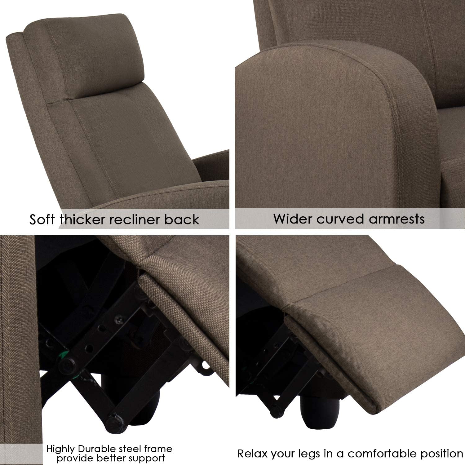 Walnew Brown Fabric Single Sofa Recliner with Padded Seat and Backrest, Multi-Positions