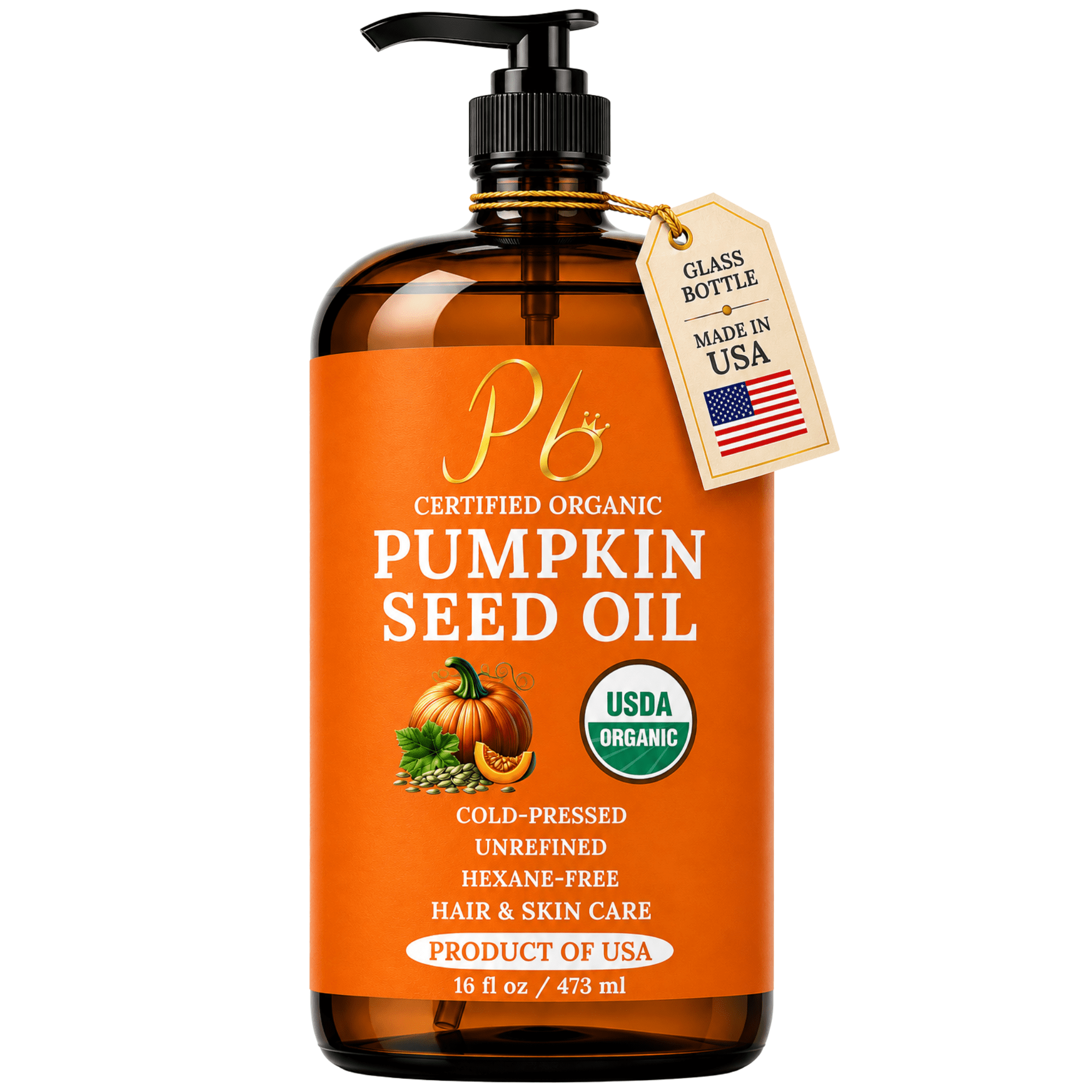 Pomberries Pumpkin Seed Oil, USA-Grown,Cold-Pressed, Unrefined, Hexane-Free, Natural Anti-Aging Moisturizer & Hair Care,16 fl oz Amber Glass Bottle