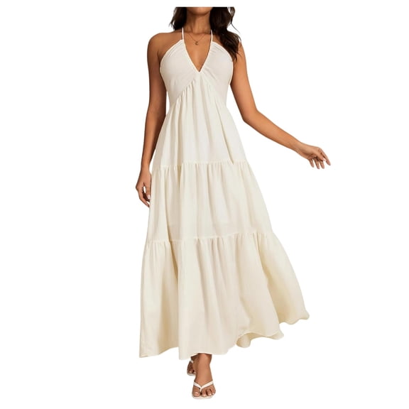 Delconic Women’s Halter Neck Maxi Dress Sleeveless Tiered Long Dress Casual Loose Fit Summer Beachwear for Daily and Vacation Beige M