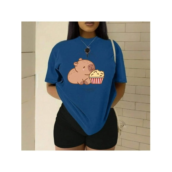 Playera Blusa Con Estampado de Capibara Comiendo Palomitas Playera De Capybara Divertida Color Azul Talla Grande Marca Emil SaEs