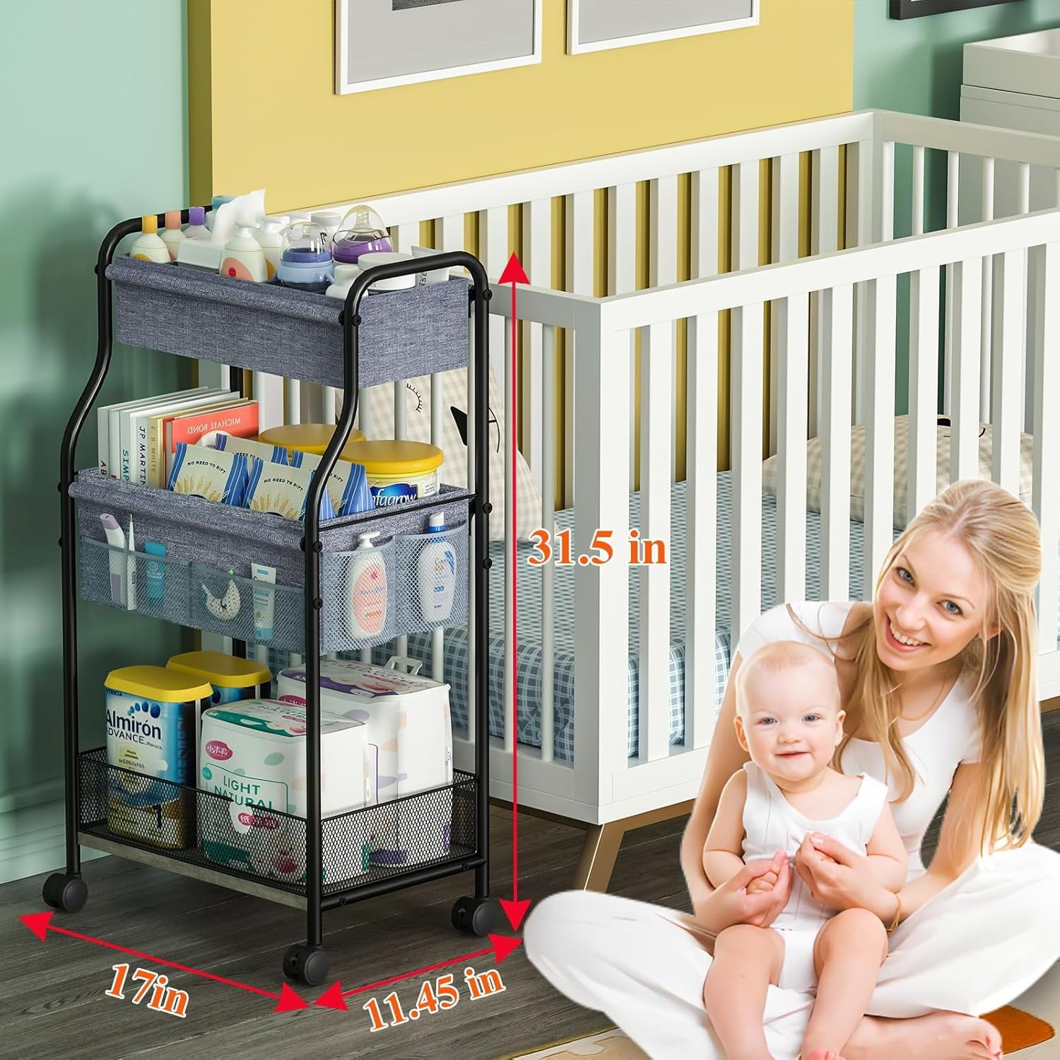 X-COSRACK 3-Tier Rolling Baby Diaper Organizer Cart, Metal Nursery Utility Cart with Wheels & Removable Dividers, Multi-Purpose Storage for Bathroom & Kitchen