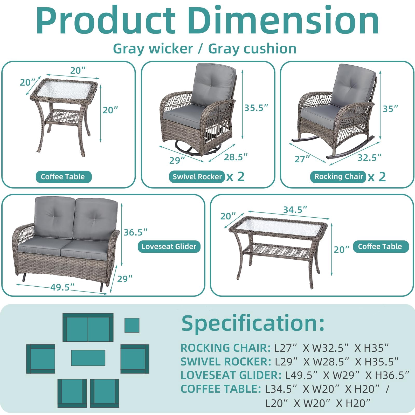 MEETWARM 7 Pieces Outdoor Patio Rattan Furniture Sets, All Weather Patio Wicker Conversation Set- 2 Rocking Chairs, 2 Swivel Chairs, 1 Loveseat Glider w/Cushions, 2 Glass-Top Coffee Table, Gray