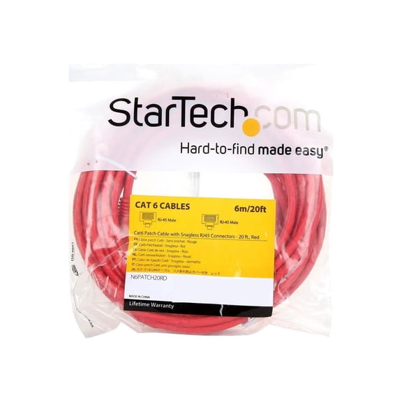 StarTech 20ft CAT6 Ethernet Cable - Red CAT 6 Gigabit Ethernet Wire -250Mhz 100W PoE RJ45 UTP Network Patch Cord Snagless with Strain Relief (N6PATCH20RD)