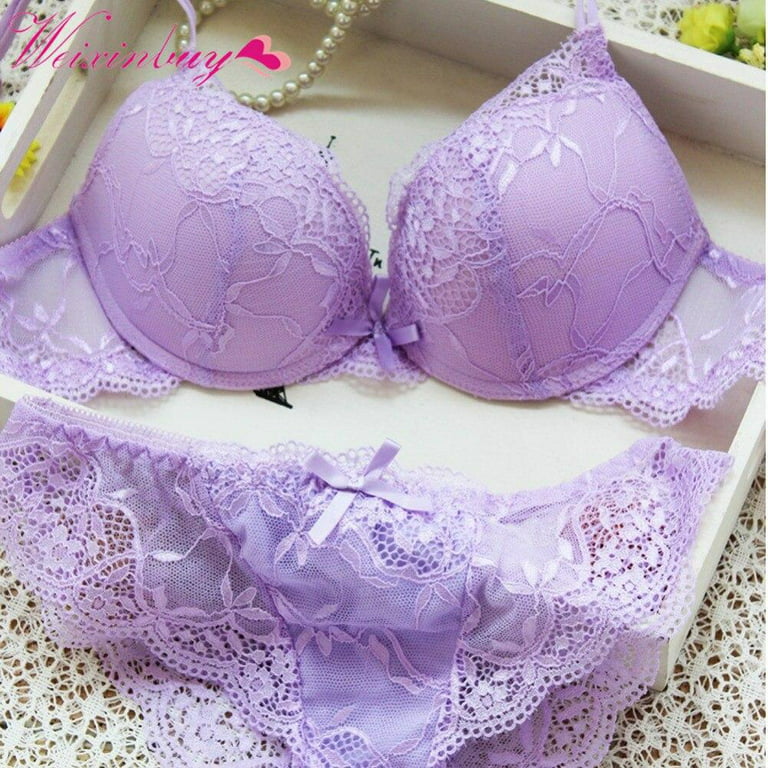 Clearance!New Women Cute Underwear Satin Lace Embroidery Bra Sets with  Panties Purple 34/75B 