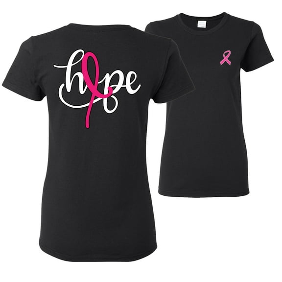 Wild Bobby, Hope Breast Cancer Ribbon, Breast Cancer Awareness, Front and Back Women Graphic Tees, Black, Small
