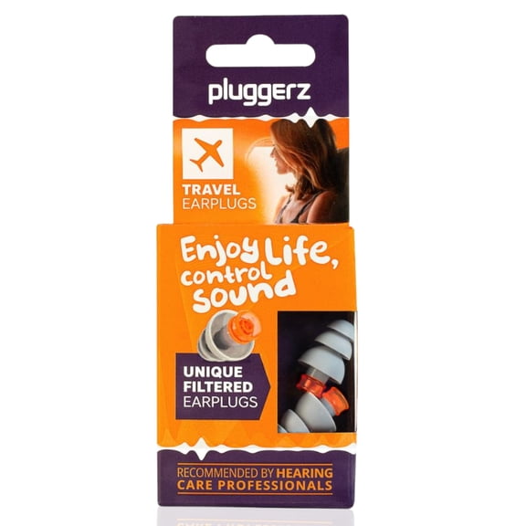 Pluggerz Enjoy Travel Earplugs, Reusable Silicone Ear Plugs with Filter, 23–30 dB Noise Reduction Rating, Universal-Fit Hearing Protection for flying, travel and flight pressure, 1 Pair