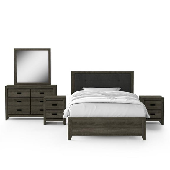 FOA Livorn 5pc Gray Wood Bedroom Set - Twin   2 Nightstands   Dresser   Mirror